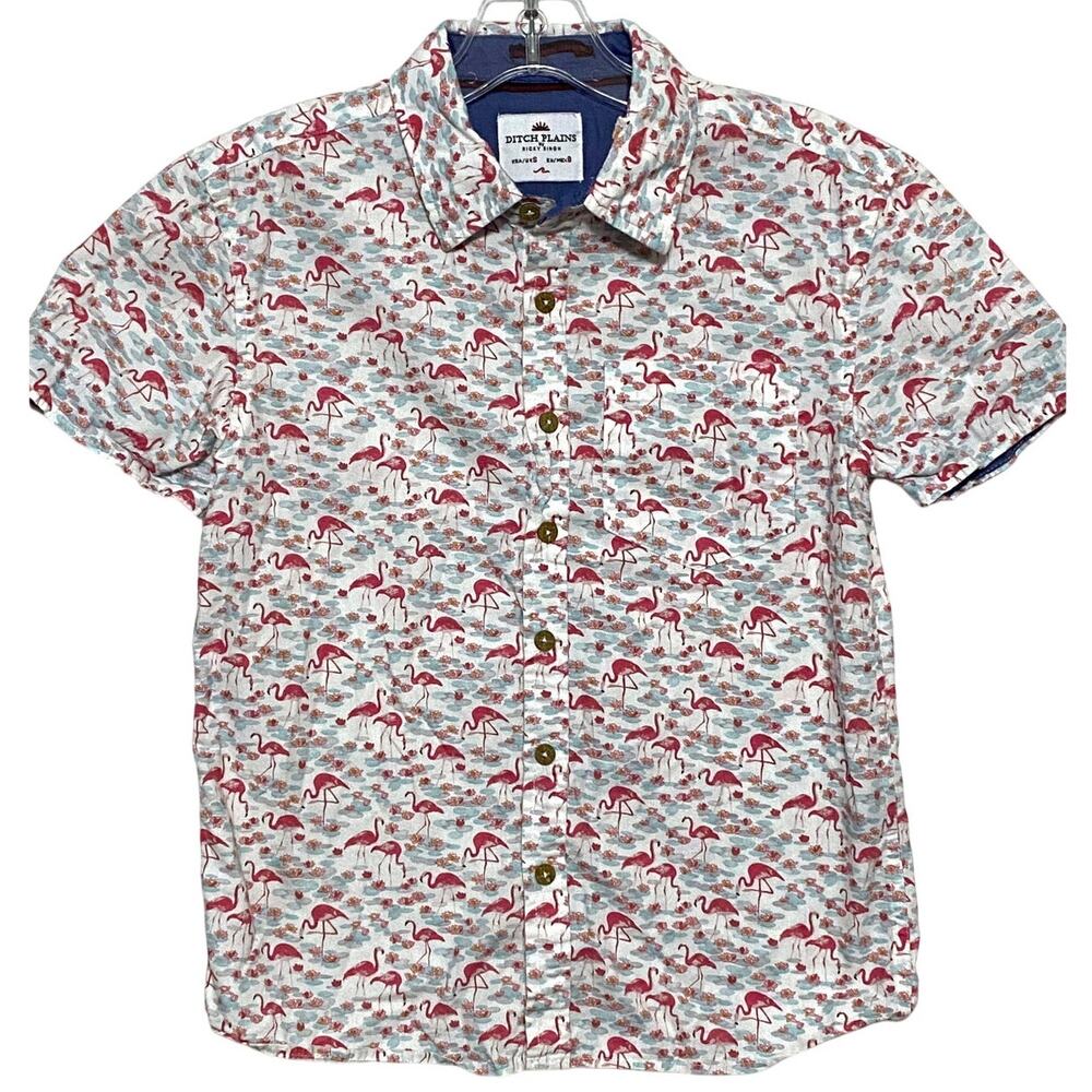 Ditch Plains Flamingo Button Down Shirt Boys S Tropical Hawaiian Vacation Floral